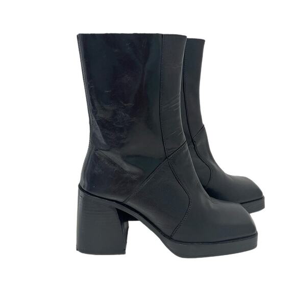 ASOS Leather Boots Womens 8 Mid Calf Chunky Square Toe Y2K Goth Gore NEW - Picture 1 of 13